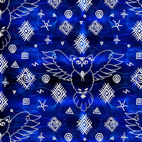 Trypillian Mystic Owl - Ancient Folk Ornament - Ethnic - Blue Middle