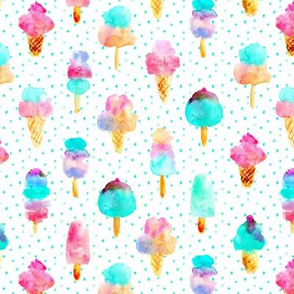 Mint and cherry ice cream delight - watercolor ice creams cones popsicles with mint dots for summer