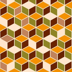 Retro 3D cubes mid-century modern brown orange moss