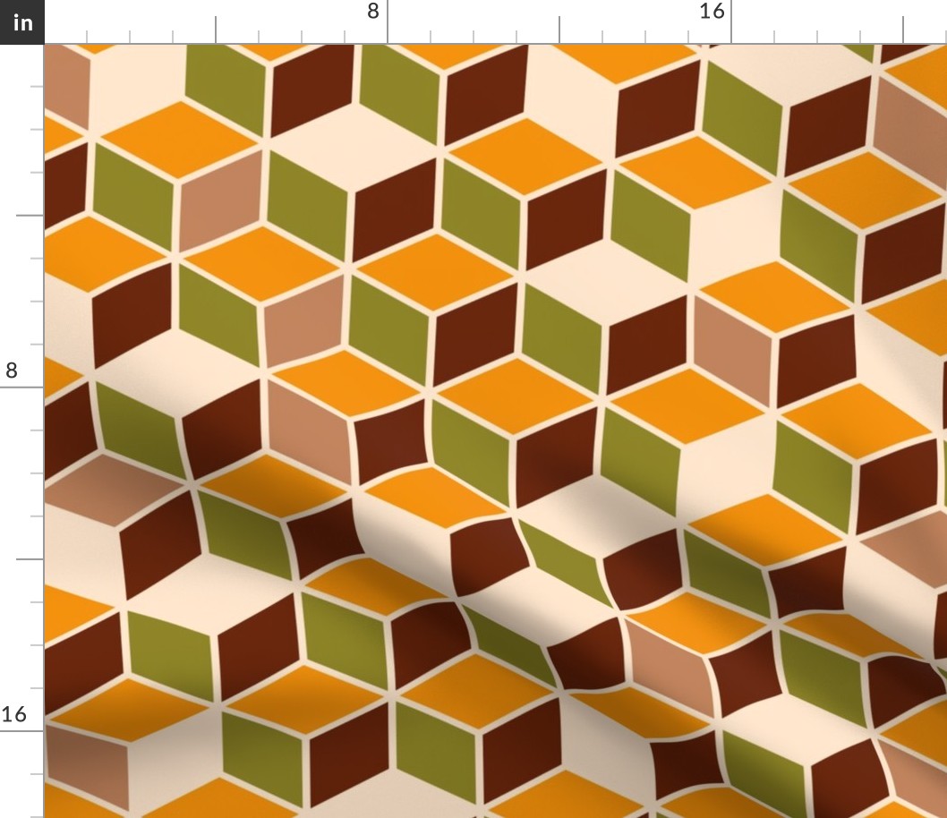 Retro 3D cubes mid-century modern brown orange moss