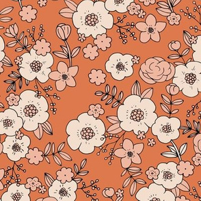 Vintage english rose garden flowers and leaves boho blossom print nursery night orange peach pale