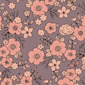 Vintage english rose garden flowers and leaves boho blossom print nursery night plum purple pink peach girls