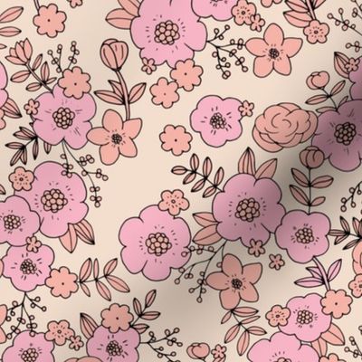 Vintage english rose garden flowers and leaves boho blossom print nursery light blush pink peach girls