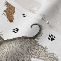 Trotting Afghan Hounds and paw prints - white