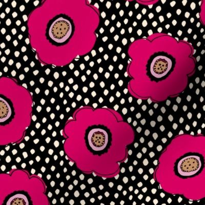 Deep pink flowers on black and cream spots