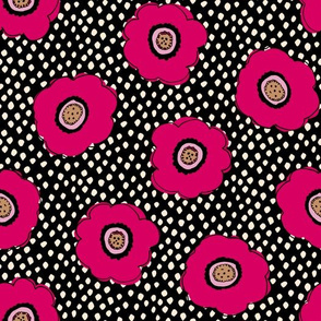 Deep pink flowers on black and cream spots