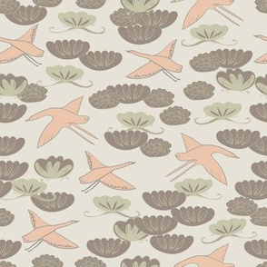  cranes, swans herons birds fly, water lily simple lines asian japanese chinese style pink beige tan background. trend of the season. 