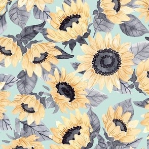 Watercolor Sunflowers - Yellow on Teal Background - Large