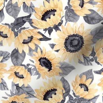 Watercolor Sunflowers - Yellow and Gray- Large