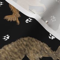 Trotting dark Borzoi and paw prints - black