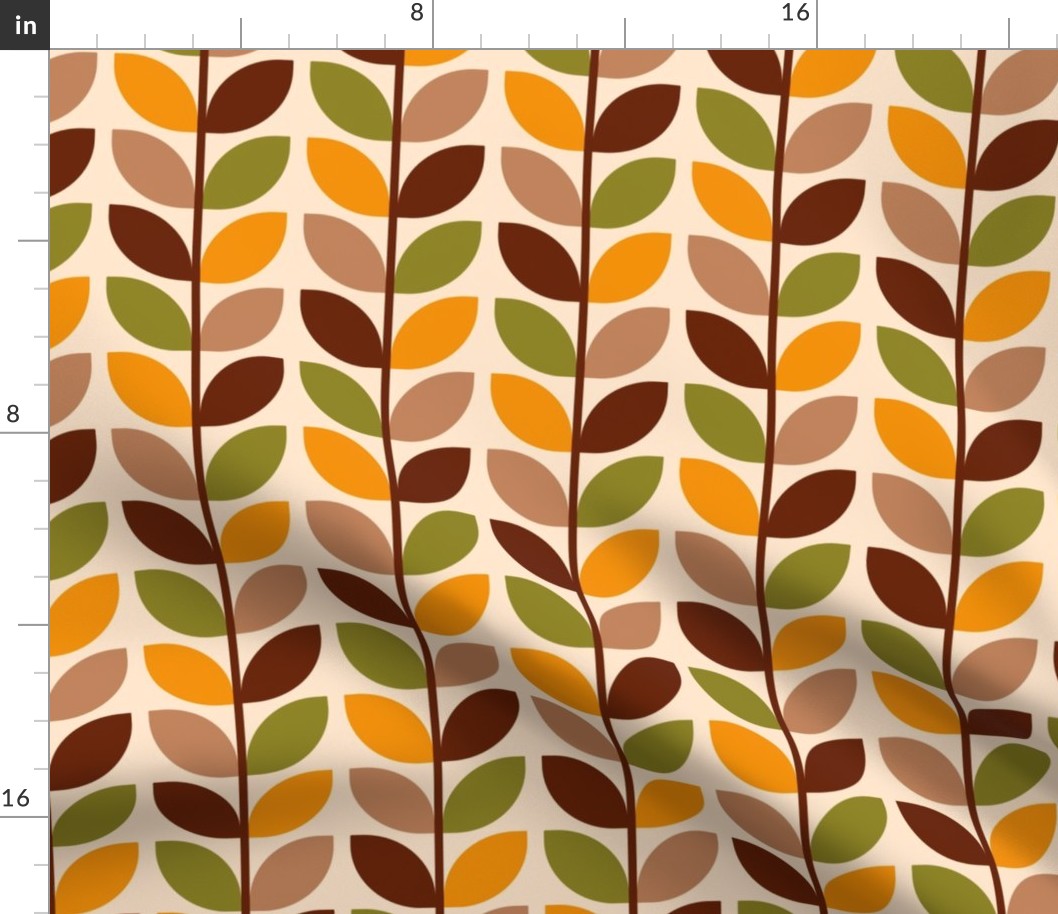 Mid-century modern brown orange retro leaves rows