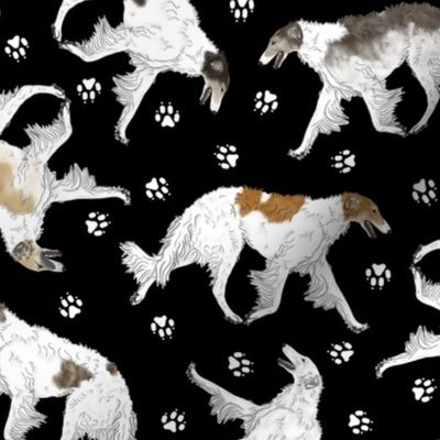 Trotting light Borzoi and paw prints - black