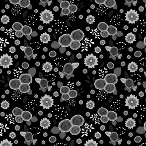 Timeless Floral: Roses & Gazania Sprays - greyscale on black, medium 