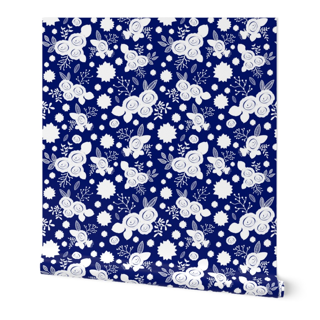 Timeless Floral: Roses & Gazania Sprays - white silhouettes on midnight blue, medium 