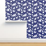 Timeless Floral: Roses & Gazania Sprays - white silhouettes on midnight blue, medium 