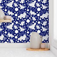 Timeless Floral: Roses & Gazania Sprays - white silhouettes on midnight blue, medium 