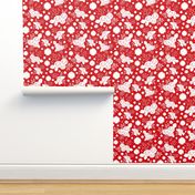 Timeless Floral: Roses & Gazania Sprays - white silhouettes on red, medium 