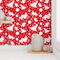 Timeless Floral: Roses & Gazania Sprays - white silhouettes on red, medium 