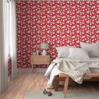 Timeless Floral: Roses & Gazania Sprays - white silhouettes on red, medium 