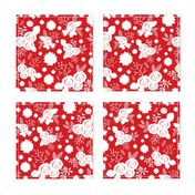 Timeless Floral: Roses & Gazania Sprays - white silhouettes on red, medium 