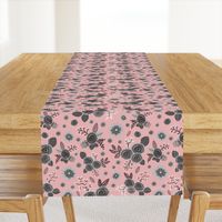 Timeless Floral: Roses & Gazania Sprays - greyscale on coral pink, medium 