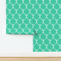 Barbers Shears Salon Scissors Pattern in White with a Teal Green Background (Large Scale)