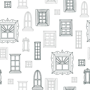 Hand Drawn Window Lineart on White seamless pattern background.