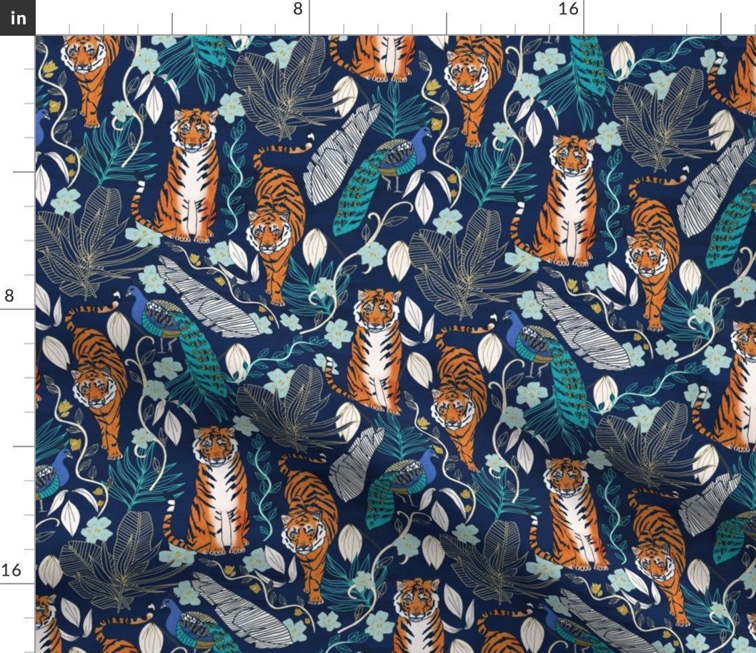 pájaro, azul, flor, naranja, hoja, hojas, floral, India, pavo real, trullo,  lienzo, Tigre Tela | Spoonflower