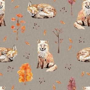 Hand Painted Foxes With Autumn Trees And Foliage Textured Beige Medium
