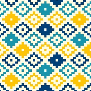 Bohemian geometrics Aztec diamonds kilim yellow blue