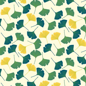 gingko leaves green blue yellow on off-white