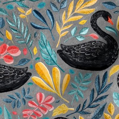 Bonny Black Swans with Lots of Leaves on Grey - large