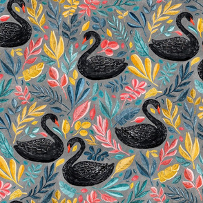 Bonny Black Swans with Lots of Leaves on Grey - large