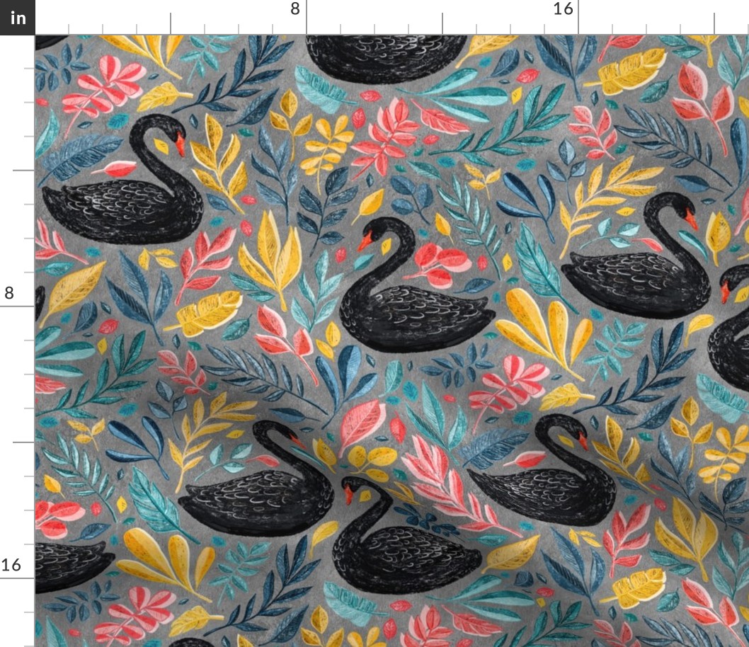 Bonny Black Swans with Lots of Leaves on Grey - large