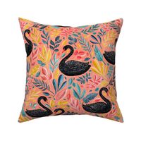 Bonny Black Swans with Lots of Leaves on Coral - large