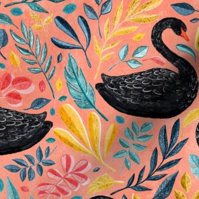 Bonny Black Swans with Lots of Leaves on Coral - large