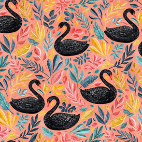 Bonny Black Swans with Lots of Leaves on Coral - large