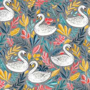 Whimsical White Swans with Lots of Leaves on Grey - large