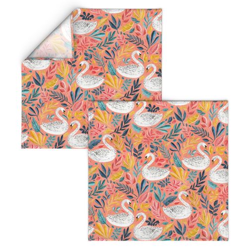 Whimsical White Swans with Lots of Leaves on Coral - large