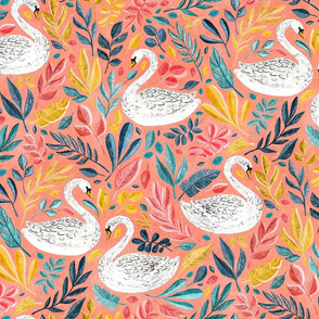 Whimsical White Swans with Lots of Leaves on Coral - large