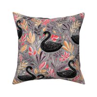 Bonny Black Swans with Autumn Leaves on Grey - large
