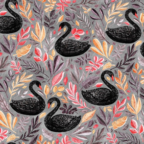 Bonny Black Swans with Autumn Leaves on Grey - large