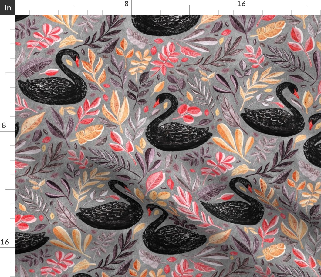 Bonny Black Swans with Autumn Leaves on Grey - large