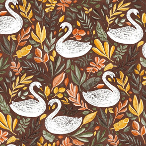 Whimsical White Swans with Autumn Leaves on Rust - large