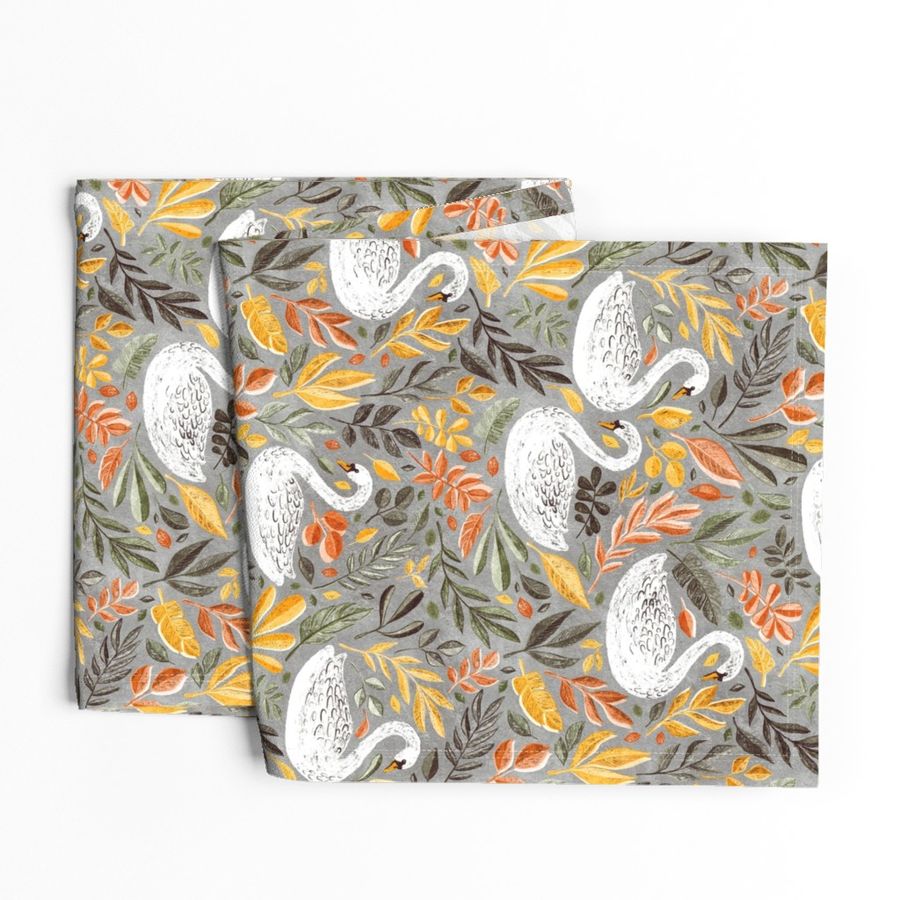 Whimsical White Swans with Autumn Leaves on Grey - large