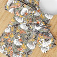 Whimsical White Swans with Autumn Leaves on Grey - large