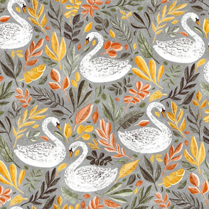 Whimsical White Swans with Autumn Leaves on Grey - large