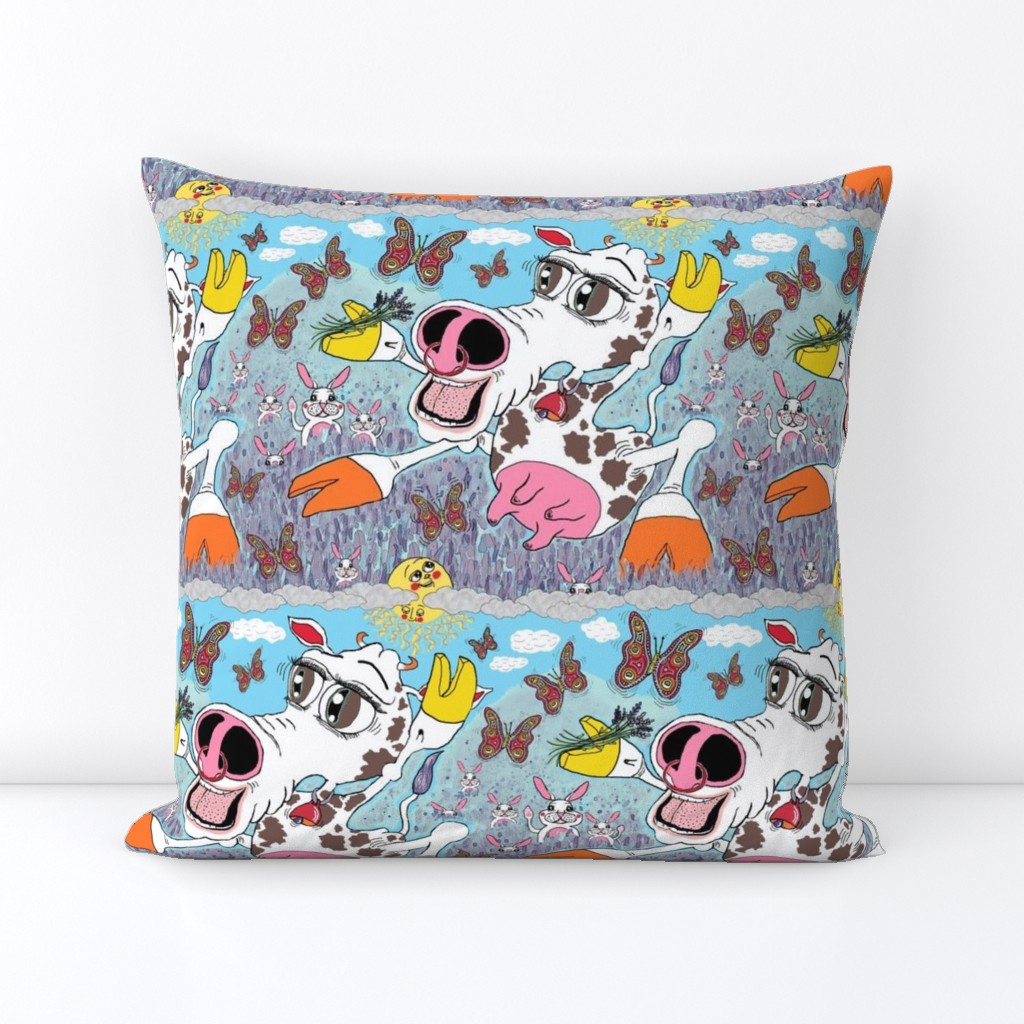 happy cow in a field of lavender with bunny rabbits and butterflies, large scale, pink orange green blue white brown yellow red rainbow colors