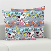 happy cow in a field of lavender with bunny rabbits and butterflies, large scale, pink orange green blue white brown yellow red rainbow colors