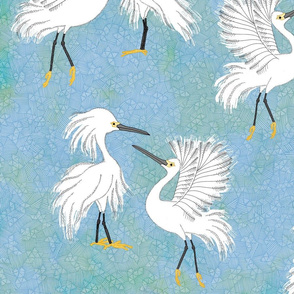 little white egret birds on textured blue (large)